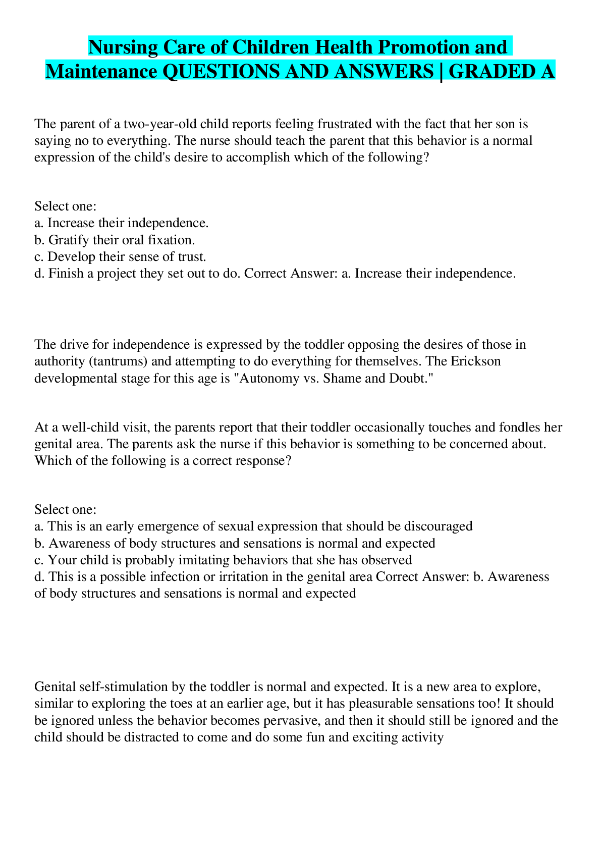 Nursing Care of Children Health Promotion and Maintenance QUESTIONS AND